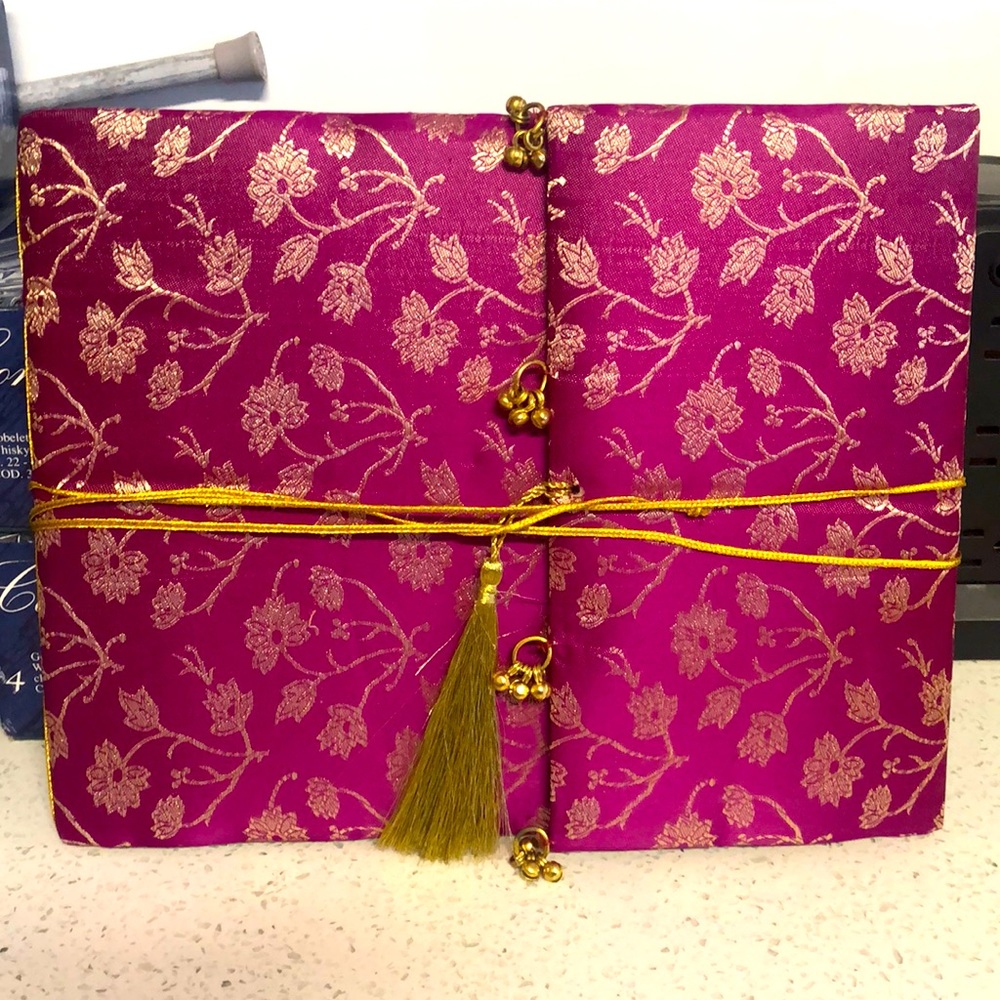 Pink Brocade photo album or scrap book. 9”x11”. About 25 sheets. Never used.